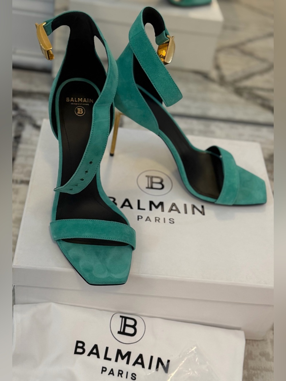 Balmain Teal Suede Ankle-Strap Stiletto Heels with Gold Buckle